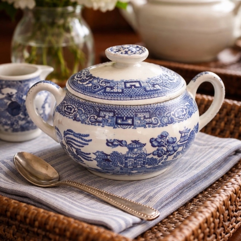 Vintage Blue Transferware Covered Sugar Bowl w Lid Twin Handles 7”